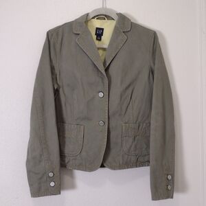 GAP Y2K Garment Washed Olive Green Cotton Twill Patch Pocket Blazer Size 10